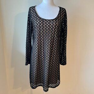 Design Lab Black  Boho Retro Crochet Mini Dress with Bell Sleeves (L)